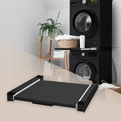 Imagen de ML Design Bastidor Intermedio con Estante Extraíble de Acero 60 x cm Negro Soporte Conexión para Lavadora y Secadora Kit Universal Balda Extensible Asa Cesto Ropa