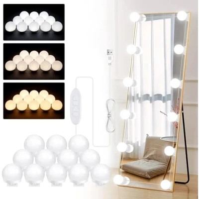 Imagen de Luces De Espejo Tocador Maquillaje Led Kit Usb Cable Hollywood,10 Bombillas Dimmable 3 Modo Color y 12 Brillo, Para Diy Espejos Vestidor Baño Luz