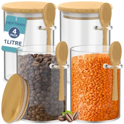 Imagen de HEFTMAN tarros de vidrio con tapas bambú, 1 litro, paquete 4 herméticas bambú y cucharas para café, azúcar, especias, estación chocolate caliente