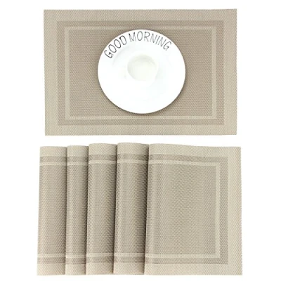 Imagen de CHAOCHI Manteles Individuales Lavables Salvamantele PVC Antideslizantes Resistente al Calor Juego de 6 para la Mesa Comedor Cocina,Beige