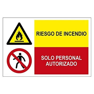Imagen de Becral® Señal combinada ¡PELIGRO! INCENDIO/PROHIBIDO SOLO PERSONAL AUTORIZADO de 600X400mm ADHESIVO (ref.PRD4360600)