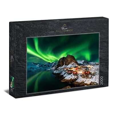 Imagen de Ulmer Puzzleschmiede Puzle noruego Aurora Borealis Juego de 2000 piezas las luces polares sobre el pueblo pescador Hamnoy, Lofoten, Noruega.