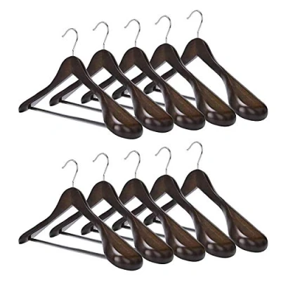 Imagen de MECOREX Juego de 10 perchas madera maciza, con hombros extra anchos, antideslizantes, para camisas, abrigos, chaquetas, pantalones, trajes, ganchos giratorios 360 (color nogal oscuro)