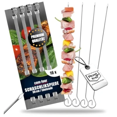Imagen de COM FOUR® 16 Brochetas de kebab acero inoxidable carne 30 cm longitud verduras primera calidad en un juego (30cm piezas)