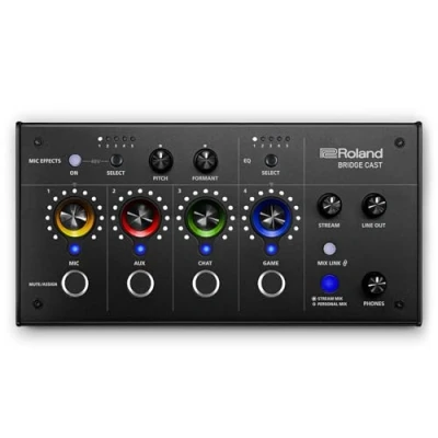 Imagen de mezclador de doble bus para gaming Roland BRIDGE CAST en negro Interfaz streaming audio y profesional gamers online DSP hardware 32 bits Entrada XLR micrófonos