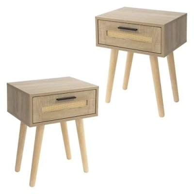 Imagen de ML Design Juego de 2X Mesitas Noche con Cajón 40x50,5x30 cm Mueble Estilo Rústico Madera Aspecto Roble y Ratán, para Salón, Comedor, Dormitorio, Cajonera Moderna Auxiliar Patas Cama