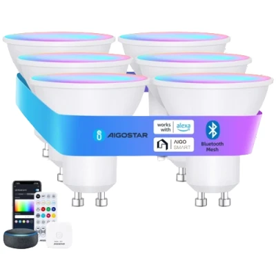 Imagen de Aigostar Mesh Bombilla inteligente Bluetooth Mesh, GU10. 2700K 6500K regulable, 6.5W, 555 LM. LED compatible con Alexa y Google Home. Incluye mando a distancia Gateway. 6Uds