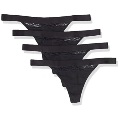 Imagen de Amazon Essentials Tanga de Tira en Algodón y Encaje Mujer, Pack 4, Negro, 44