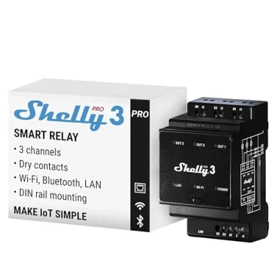 Imagen de Shelly Pro 3 Relé Interruptor inteligente con contactos secos canales 48A Wi Fi, LAN y Bluetooth Montaje en carril DIN Compatible Alexa Google Home Aplicación iOS Android