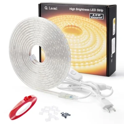 Imagen de Q.Laomi Tira Led con Interruptor, Impermeable IP65 de 220v Luces Led, 60 Led/m Tiras Para Interior y Exterior Iluminación Decoración, 4M, Blanco Cálido