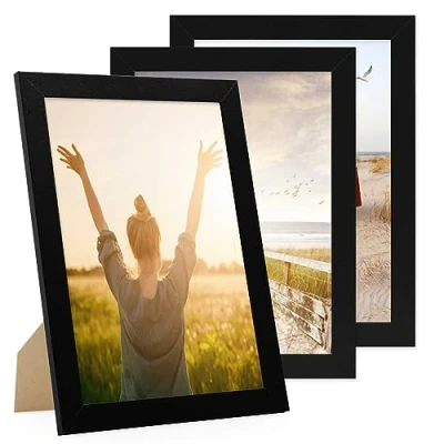 Imagen de PHOTOLINI Marco A4 21x30 cm negro madera MDF, set de 3 marcos anchos, moderno, cristal acrílico sólido, para colgar y poner pie, accesorios adicionales una decoración elegante su pared