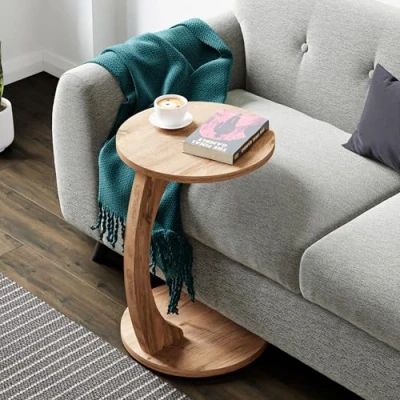Imagen de [en.casa] Mesa Auxiliar Holeby en Forma de C Centro Redonda Mesita Salón con 4 Ruedas Uso Versátil 56 x Ø 38 cm Efecto Madera