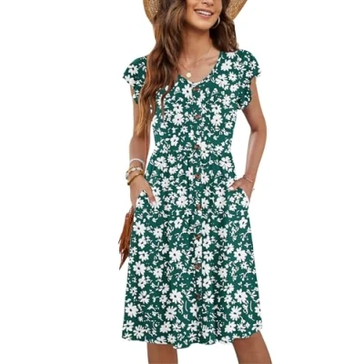 Imagen de MOLERANI Ropa De Verano Femenina Manga Lateral Volantes Cuello V Balanceo Casual Cintura Elástica Bolsillo Vestido Midi Diasy Verde 2XL