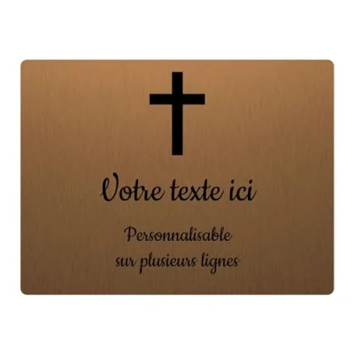 Imagen de Placa grabada funeraria, diseño de cruz cristiana autoadhesiva, 20 x 15 cm, personalizada, 1 a 3 líneas, bronce