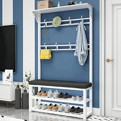 Imagen de Bagewinner Perchero con Banco,100X33X172CM, Metálico de Pie, Estilo Industrial Zapatero y Ganchos Desmontables, Mueble Recibidores Entrada,Colgador Ropa Negro