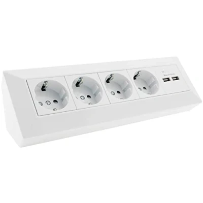 Imagen de Bloque de enchufes 4 vías + 2x USB, blanco, fácil montar ya que el interior está precableado, montaje en superficie ideal para encimeras y bancos trabajo