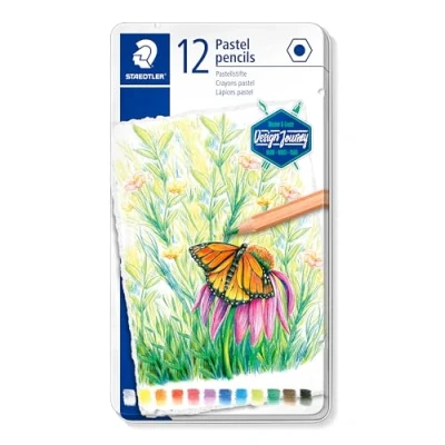 Imagen de Staedtler 146P M12 Pastel Pencil 146, Formato Hexagonal Clásico, Degradados de Color Finos Debido A La Recarga Polvo Fino, para Pintura Plana y Detallada, 12 Colores en Caja Metálica