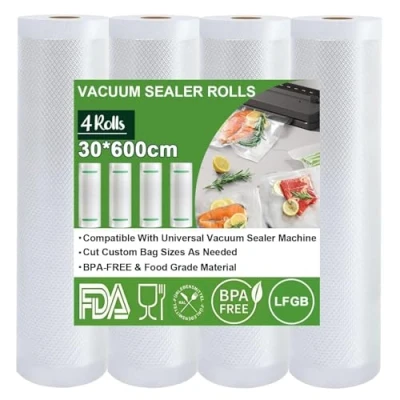 Imagen de Omtofo bolsas de envasado al vacío, 4 rollos, 30 x 600cm/rollo, vacío para alimentos, sin BPA, 150 µm, rollo lámina todas las envasadoras microondas y sous