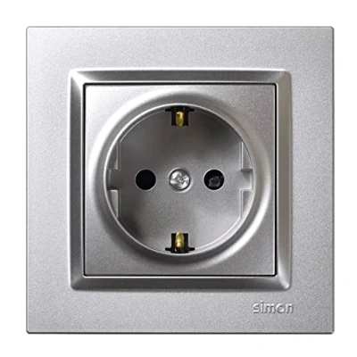 Imagen de Simon Enchufe de Empotrar Schuko, Serie 10, 250V, 16 A, Pared Plano y Fino, Fácil Instalar, Incluye Marco, Tapa Mecanismo, Base Hembra Color Aluminio