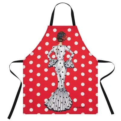 Imagen de IllustrArte Delantal de cocina lavable y cómodo con diseño flamenca María blanco fondo rojo.