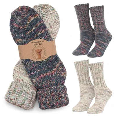 Imagen de MOUNTREX calcetines de alpaca, lana para mujer, hombre, cálidos invierno, punto con sobre, 2 pares, crudo/azul, 37 41