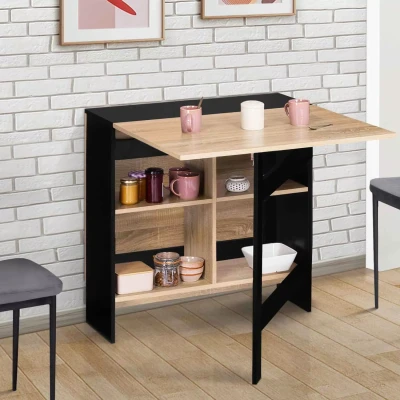 Imagen de IDMarket Mesa consola plegable EDI 2 6 personas con almacenamiento madera negra Bandeja forma haya 150 x 80 cm