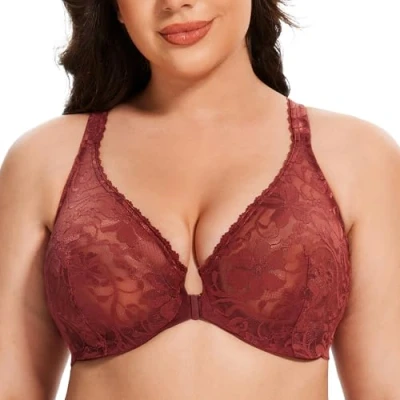 Imagen de MELENECA Sujetador con Aros y Encaje elástico Espalda Cruzada Cierre Frontal para Mujer Cabernet Red 100D