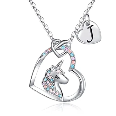 Imagen de TINGN Regalo para Niñas Collar de Unicornio, Chapado en Oro Blanco 14 Quilates CZ Corazón Colgante Unicornio Collares Mujer Cadena Inicial J Regalos cumpleaños Joyería