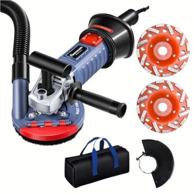 Imagen de FANZWORK 1500W amoladora de hormigón Juego hormigón, velocidad regulable, incl. muela vaso diamantada premium 125 mm, capó aspiración, mango en forma T