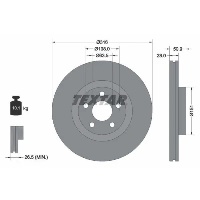 Imagen de TEXTAR 92317203 Disco de freno 316 28 05/05 108 ventilación interna revestido sin perno sujeción rueda, buje rueda FORD: S Max Mk2