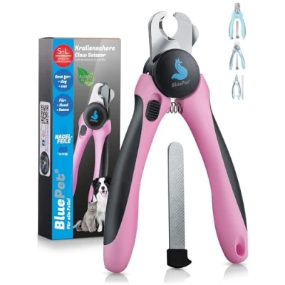 Imagen de BluePet Krallenschön Tijeras de uñas profesionales con protección para perros y gatos, extra seguras gracias al espaciador, incluye lima