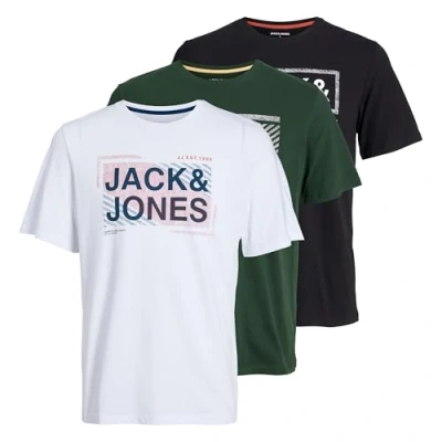 Imagen de JACK &amp; JONES Camiseta Hombre Pack de 3 Manga Corta, Cuello Redondo, 100% Algodón, Básica y Casual, Diseño Estampado, Negro/Verde/Blanco