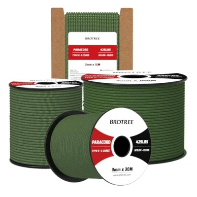 Imagen de Brotree Paracord 3mm 50M Cuerda 100% Nylon Tipo II 3 Hebras 425 para Exterior, Bricolaje 192 kg Carga de Rotura (Verde Bosque)