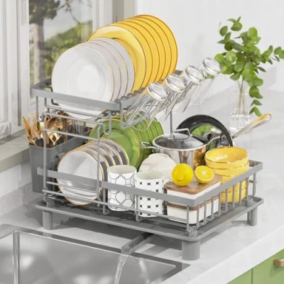 Imagen de LIONONLY Escurridor de Platos,2 Niveles Gran Estante Secado Platos con Bandejas Goteo, Soporte Cubiertos,Estante Tazas und Puerta Boquilla Giratoria,Escurreplatos sobre Fregadero