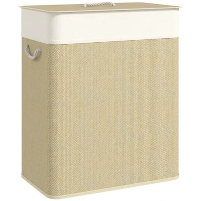 Imagen de HOMCOM Cesto de Ropa Sucia con Tapa 100L Cesta Colada Bambú 2 Compartimentos Bolsa Interior Extraíble para Lavandería Dormitorio 52x32x63 cm Natural