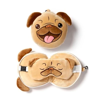 Imagen de Puckator Coussin de Voyage Relaxeazzz Peluché 2 en 1 Avec Masque Yeux Mopps Chien Carlin Cojines, Poliéster Elastano, Multicolor, único