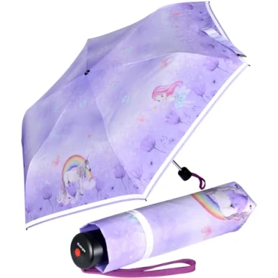 Imagen de Knirps 4Kids Paraguas de bolsillo para niños con ribete reflectante, Unicorn purple, 90 cm