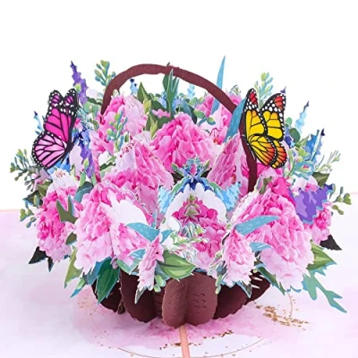 Imagen de Favour Pop Up® Tarjeta de felicitación en 3D, una colorida cesta flores con hortensias para deleitar a cualquier amante las su cumpleaños o que se mejore pronto.