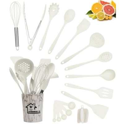 Imagen de 18 Piezas Utensilios Cocina de Silicona, Resistente al Calor Antiadherente, Juego Silicona,Apto para lavavajillas (White)