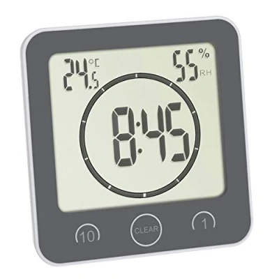 Imagen de TFA Dostmann Reloj de baño o Cocina con Temporizador, fijación sin taladrar, Tiempo hasta 99 min, Resistente a Salpicaduras, Incluye termohigrómetro, Gris, 106 x 41 (52) 109 mm (Largo Ancho
