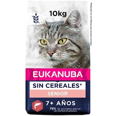 Imagen de EUKANUBA Grain Free Alimento Seco para Gatos Sénior, Premium Rico en Salmón de Edad Avanzada, 10 kg