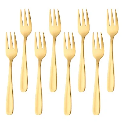Imagen de BISDARUN Postre de tenedor ORO Tenedores pastel 18/10 acero inoxidable pequeños para niños colores 8 piezas frutas repostería aperitivo 13,6 cm(5.4 inch) longitud