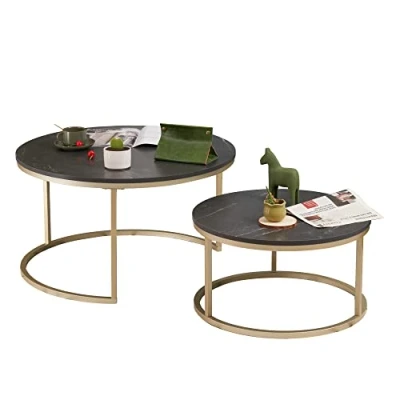 Imagen de Soayone Juego de 2 mesas café Redondas mármol Negro con Estructura Metal Dorado, Mesa Auxiliar Redonda para salón, Dormitorio, balcón