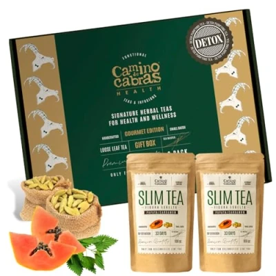 Imagen de Caja Regalo SLIM TEA Infusiones para Adelgazar Te Adelgazante Detox y Quemagrasas Abdominal Verde, Mate, Cola de Caballo, Jengibre, Papaya, Cardamomo Antioxidante Natural, 2 PACK x 100g