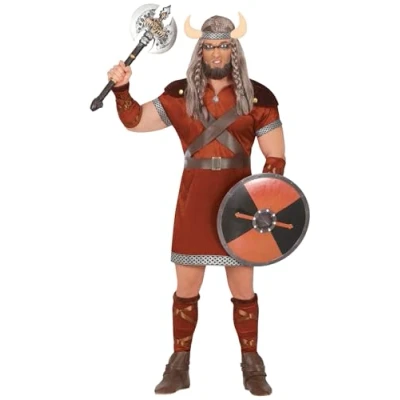Imagen de FIESTAS GUIRCA Disfraz de Guerrero Vikingo Feroz Hombre Rey Bárbaro Histórico incl. Tocado Cuernos Talla M 48 50