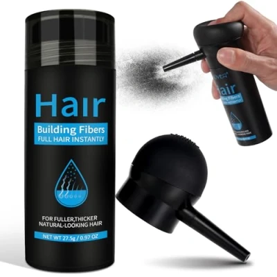 Imagen de Fibras Capilares 27.5G Polvos para Hombres y Mujeres, Microfibras en Polvo de Queratina Tapa la Calvicie forma Natural e Disimula falta Cabello (Negro con Aplicador)