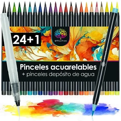 Imagen de OfficeTree 24+1 Boligrafo Acuarela Lapices Rotuladores Acuarelables Watercolor Brush Pen Set Punta Pincel Art Sets Para Pintar y Dibujar