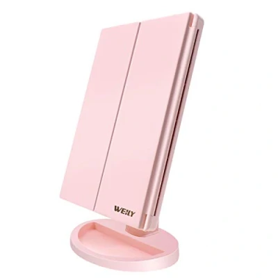 Imagen de WEILY Espejo de Maquillaje, 1x / 2X 3X Maquillaje Tres Pliegues con 21 Luces LED y Pantalla táctil Ajustable Iluminado Espejos cosméticos encimera (Rosado)