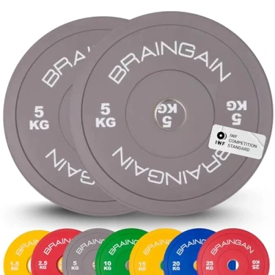 Imagen de BRAINGAIN Par de discos olímpicos 5 kg (2 x kg), peso goma sólida 2 pulgadas para entrenamiento fuerza con pesas y levantamiento