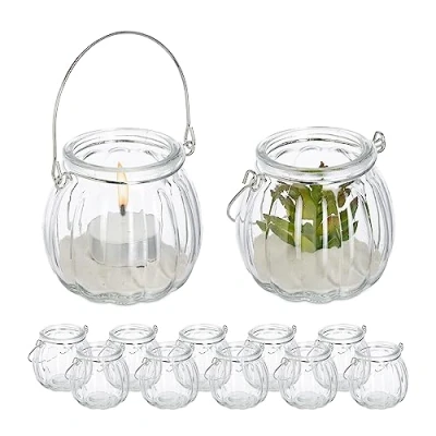 Imagen de Relaxdays Windlicht Glas 12er Portavelas Cristal, Set de 12, Porta Velas con Asa, 7,5 x 8 cm, Recipientes Vidrio Redondos, Transparente